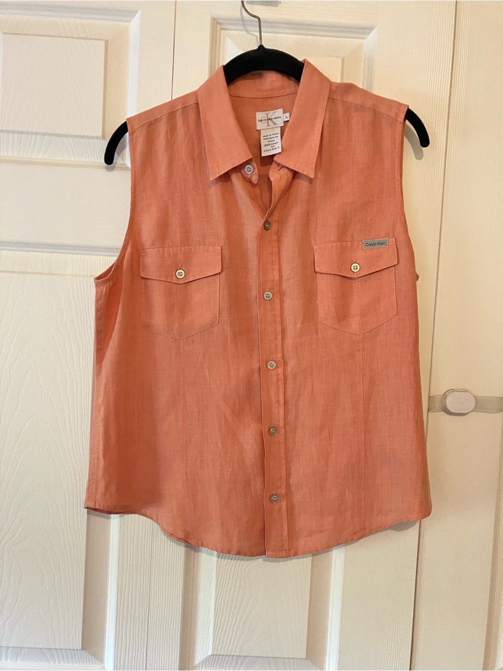 Calvin Klein Linen Button-Up Top in Coral